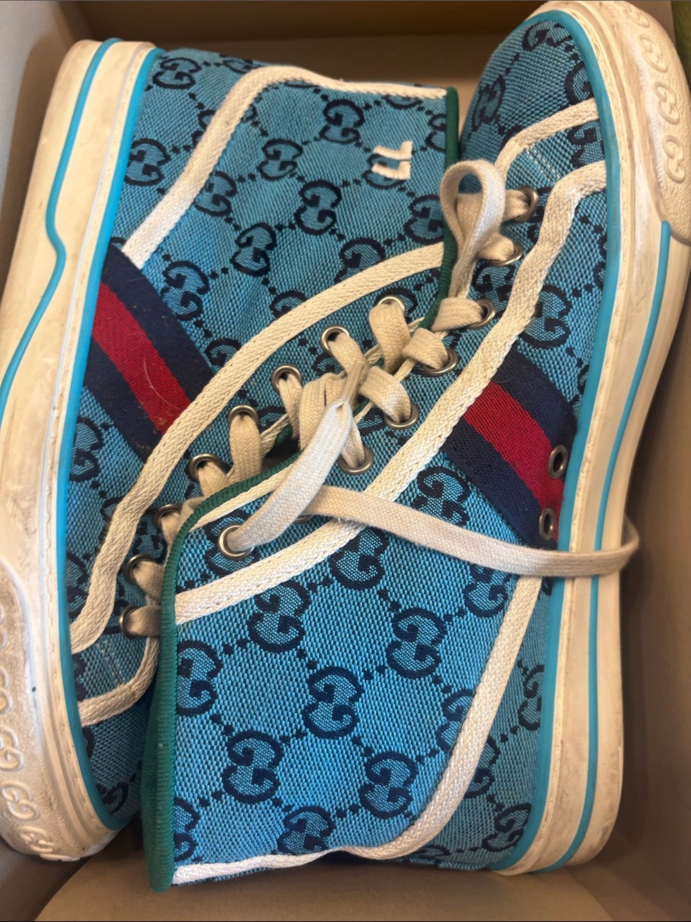 Gucci Turquoise GG Canvas High-Top Sneakers with Red-Navy Web